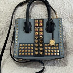 Michael Kors Blue and Black Satchel with Gold Accents